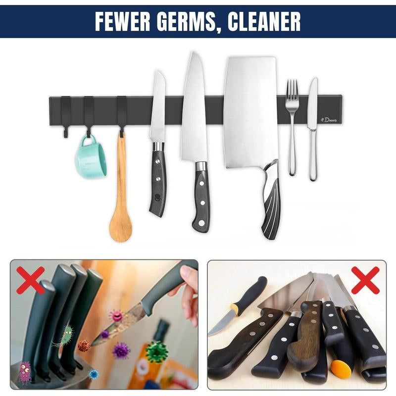 Dmore Magnetic Knife Holder for Wall-With 3 Hooks, No Drilling 16 Inch Black Knife Magnetic Strip, Powerful Knife Magnet Rack, Include Adhesive Tape and Screws for Knives, Utensils, and Tools