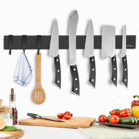 Dmore Magnetic Knife Holder for Wall-With 3 Hooks, No Drilling 16 Inch Black Knife Magnetic Strip, Powerful Knife Magnet Rack, Include Adhesive Tape and Screws for Knives, Utensils, and Tools