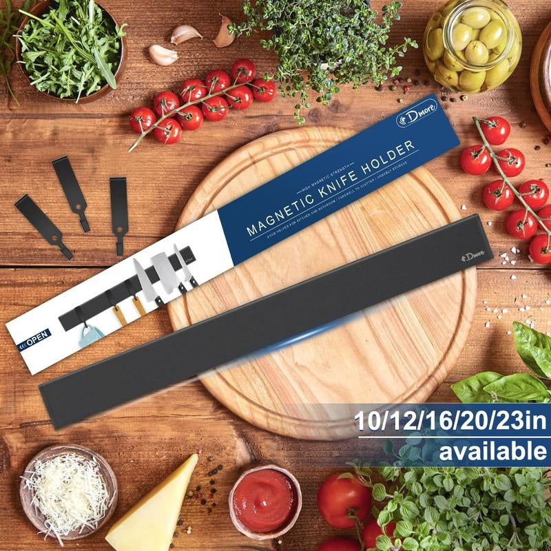 Dmore Magnetic Knife Holder for Wall-With 3 Hooks, No Drilling 16 Inch Black Knife Magnetic Strip, Powerful Knife Magnet Rack, Include Adhesive Tape and Screws for Knives, Utensils, and Tools