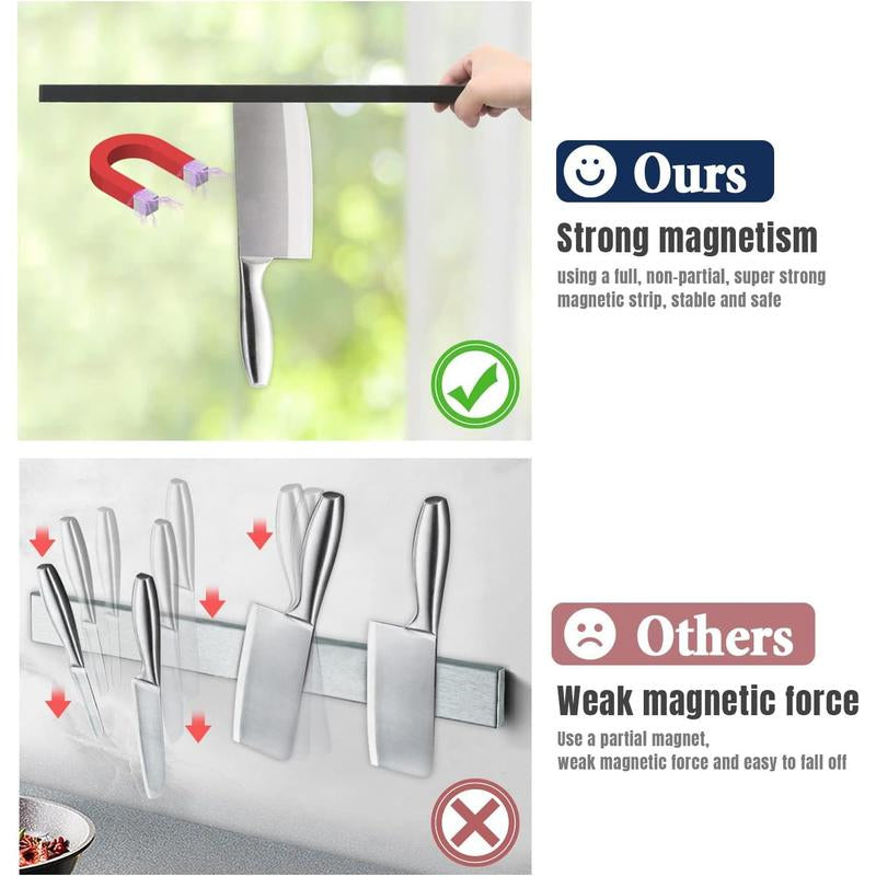 Dmore Magnetic Knife Holder for Wall-With 3 Hooks, No Drilling 16 Inch Black Knife Magnetic Strip, Powerful Knife Magnet Rack, Include Adhesive Tape and Screws for Knives, Utensils, and Tools