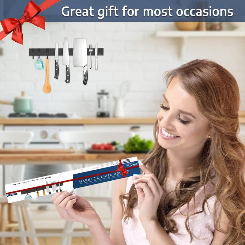 Dmore Magnetic Knife Holder for Wall-With 3 Hooks, No Drilling 16 Inch Black Knife Magnetic Strip, Powerful Knife Magnet Rack, Include Adhesive Tape and Screws for Knives, Utensils, and Tools