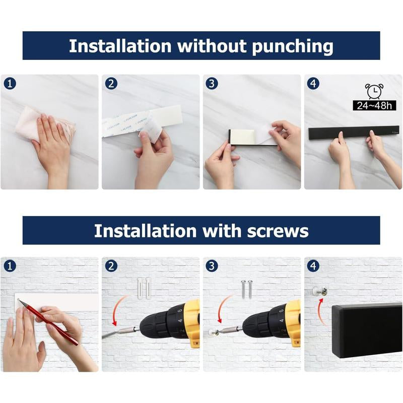 Dmore Magnetic Knife Holder for Wall-With 3 Hooks, No Drilling 16 Inch Black Knife Magnetic Strip, Powerful Knife Magnet Rack, Include Adhesive Tape and Screws for Knives, Utensils, and Tools