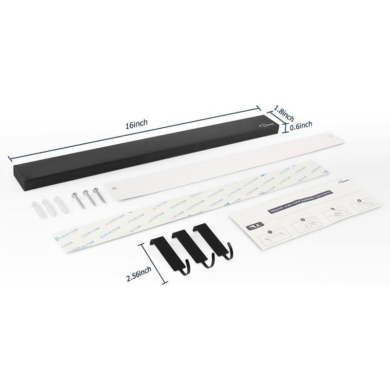 Dmore Magnetic Knife Holder for Wall-With 3 Hooks, No Drilling 16 Inch Black Knife Magnetic Strip, Powerful Knife Magnet Rack, Include Adhesive Tape and Screws for Knives, Utensils, and Tools